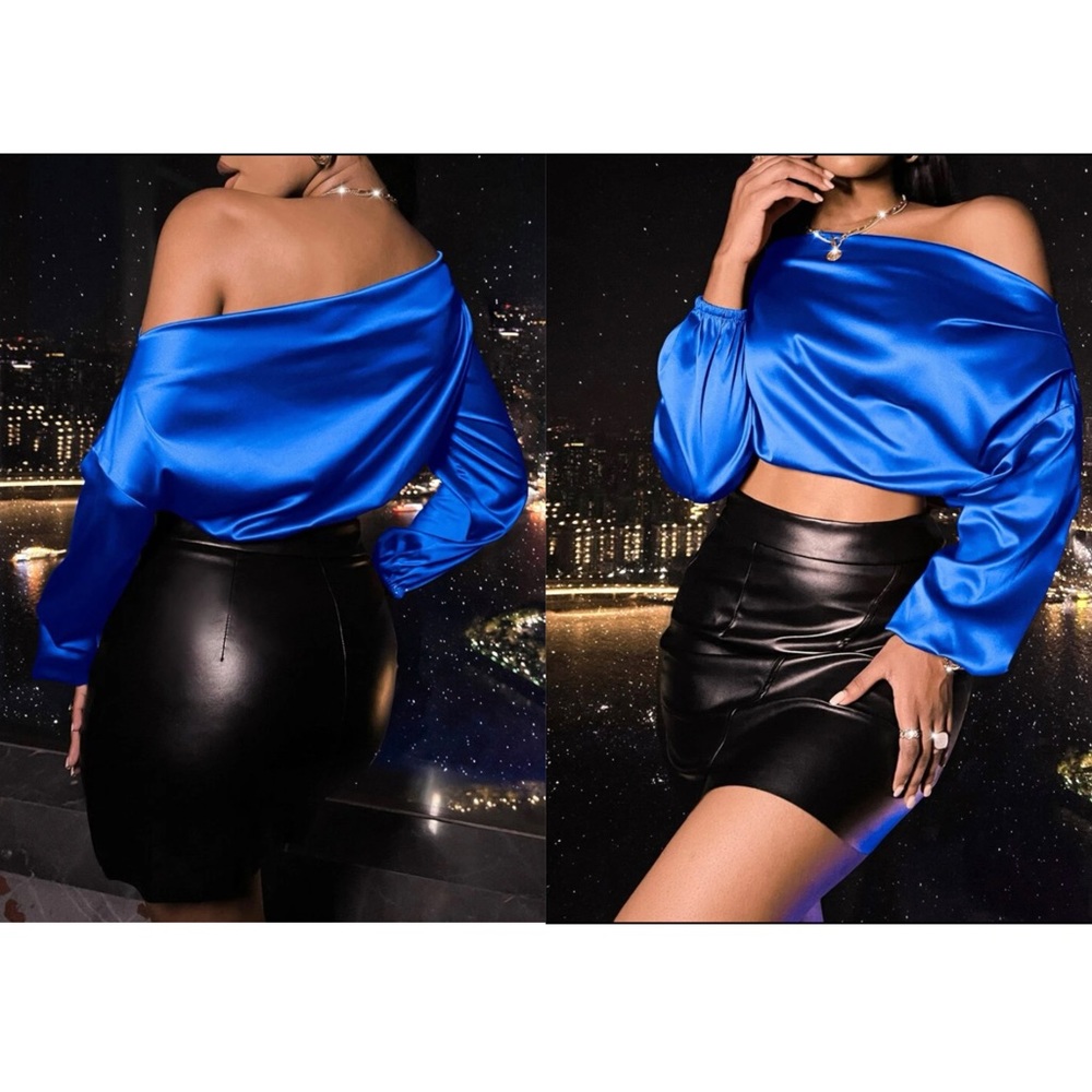 Asymmetrical Neck Crop Satin Blouse